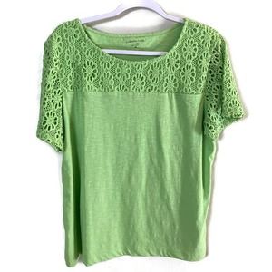 Coldwater Creek Floral Crochet 100% Cotton Blouse Top Size L Lime Green